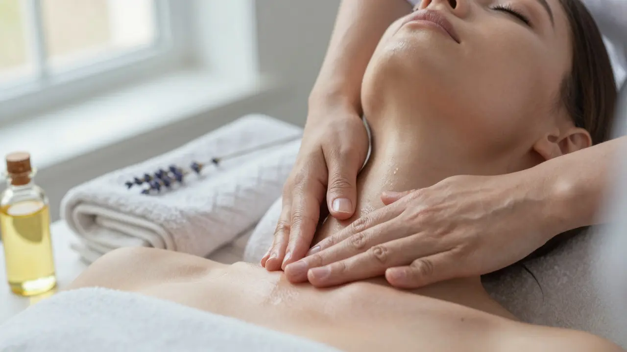 Close-up of hands using smooth strokes with natural oil on a relaxed neck and shoulders, with lavender and linen nearby.
