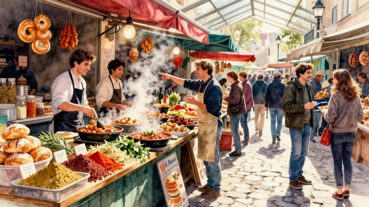 Colorful food stalls at Marché des Enfants Rouges serving exotic dishes like chakchouka and beignets, locals interacting with customers.