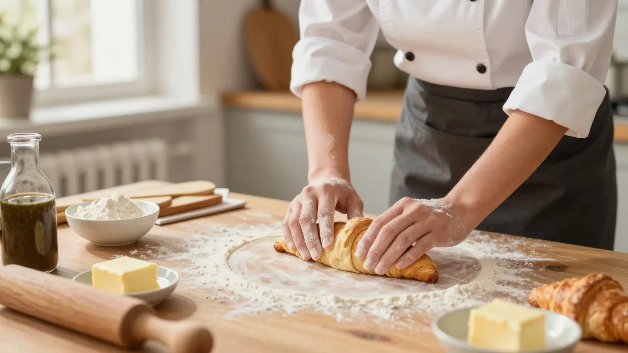 Cooking class scene with companion teaching croissant making