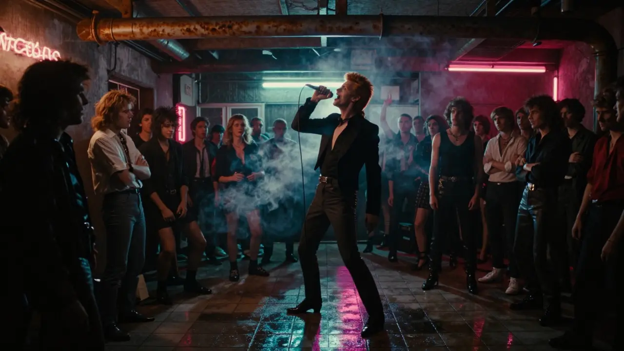 David Bowie singing in a dim, wet nightclub filled with a crowd of punk and artistic figures.