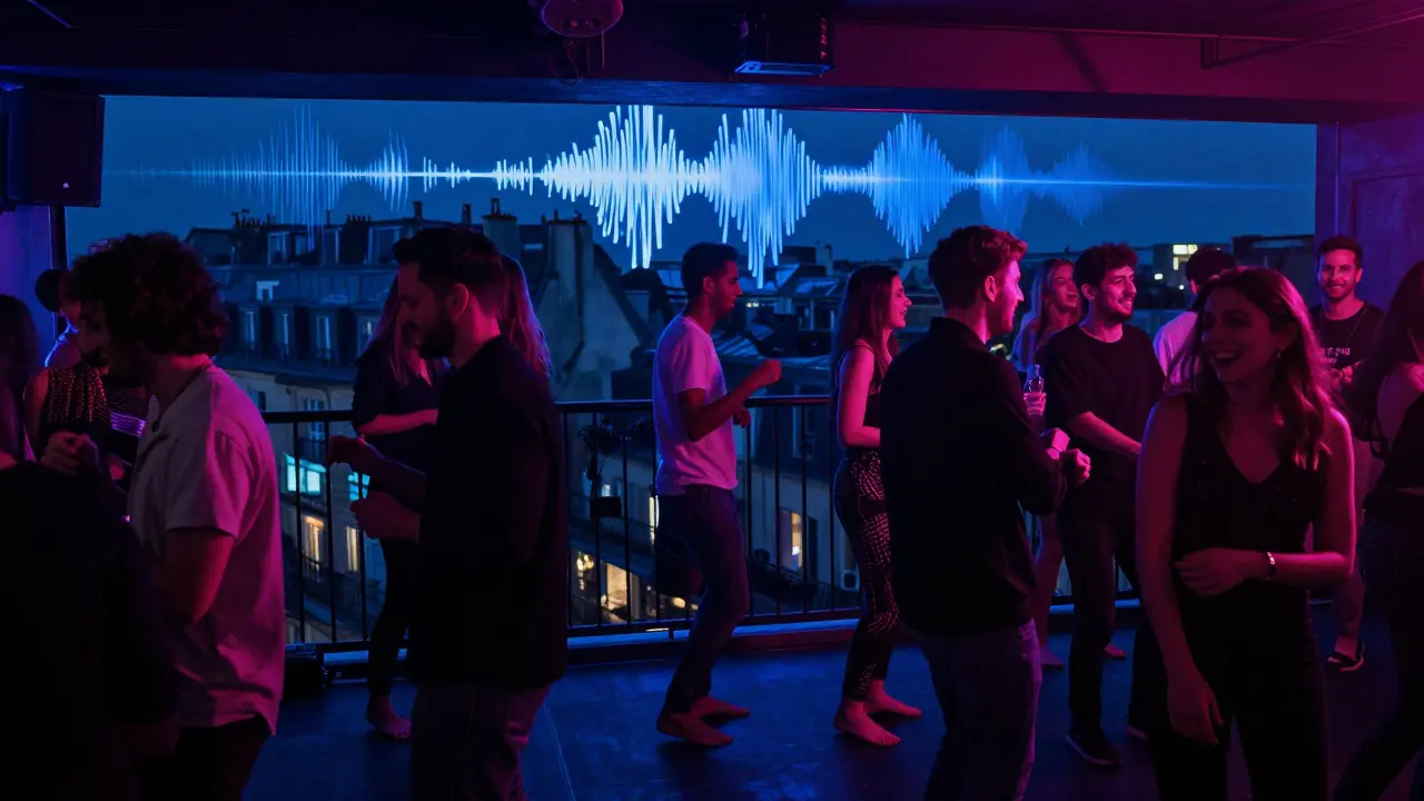 Diverse crowd dances barefoot in a neon-lit basement club, strangers embracing on a balcony above Paris streets.