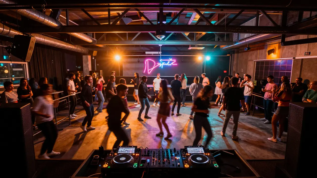 DJ mixing on stage with crowd dancing in industrial nightclub setting. Motion blur captures energy.