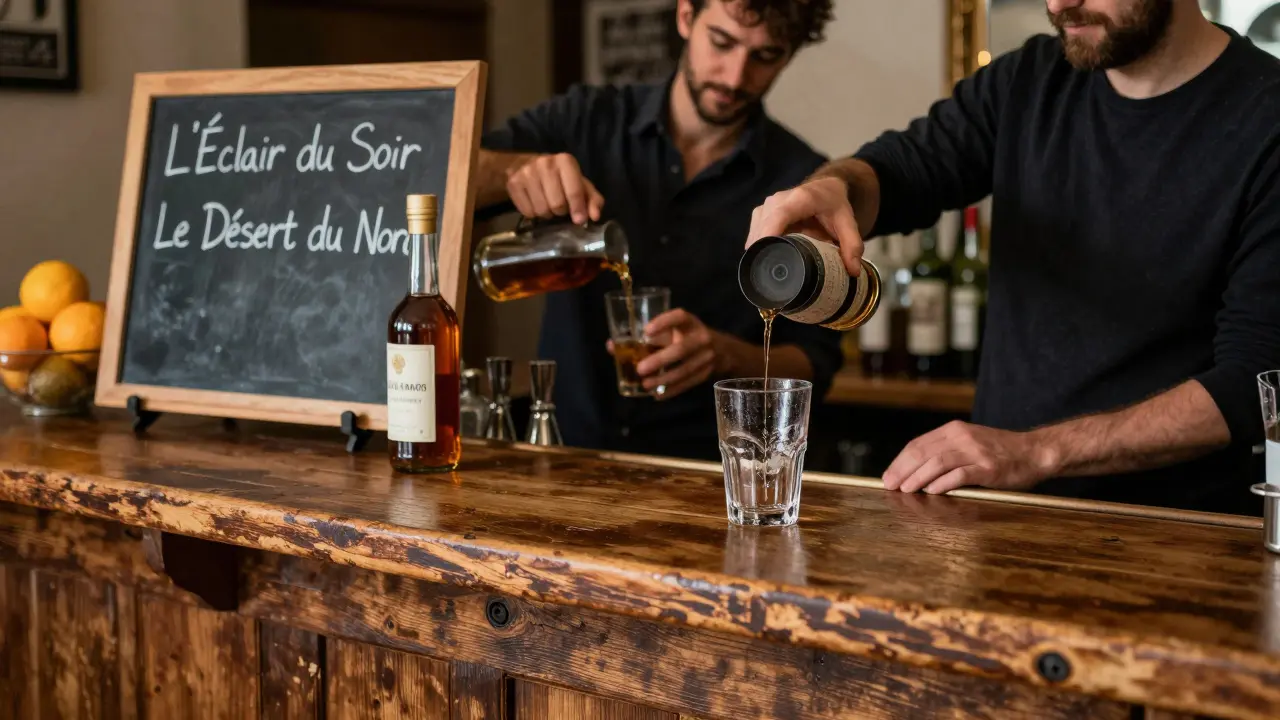 Handwritten cocktail board at the bar of Crazy Night Club Caen with local spirits and condensing glass.