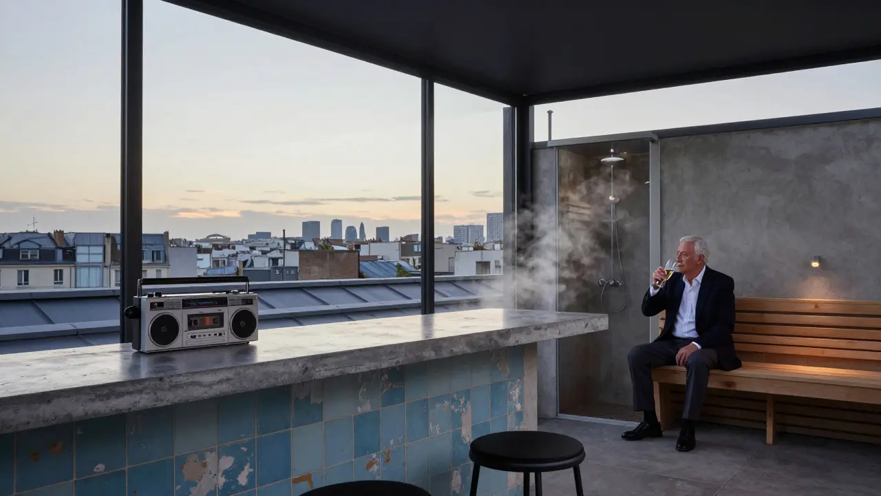 Modern rooftop bar at Les Bains hotel with preserved historic tiles and steam rising from a sauna alcove.