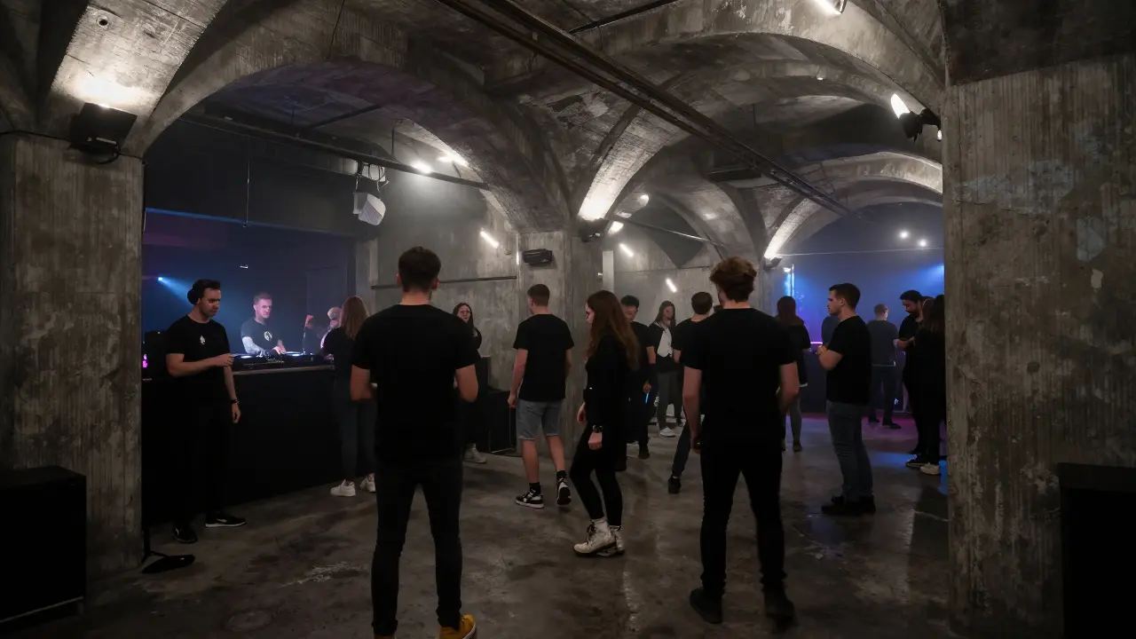 Raw underground techno party at Concrete club with exposed pipes and flickering LED lights.