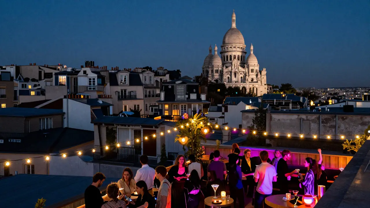 Rooftop dance party at Maya with fairy lights and Paris skyline under night stars.