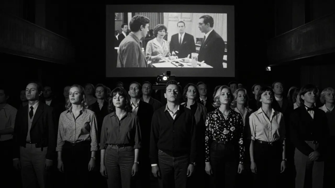 Silent crowd bathed in flickering black-and-white film light during the 2 a.m. ritual known as 'The Pause'.