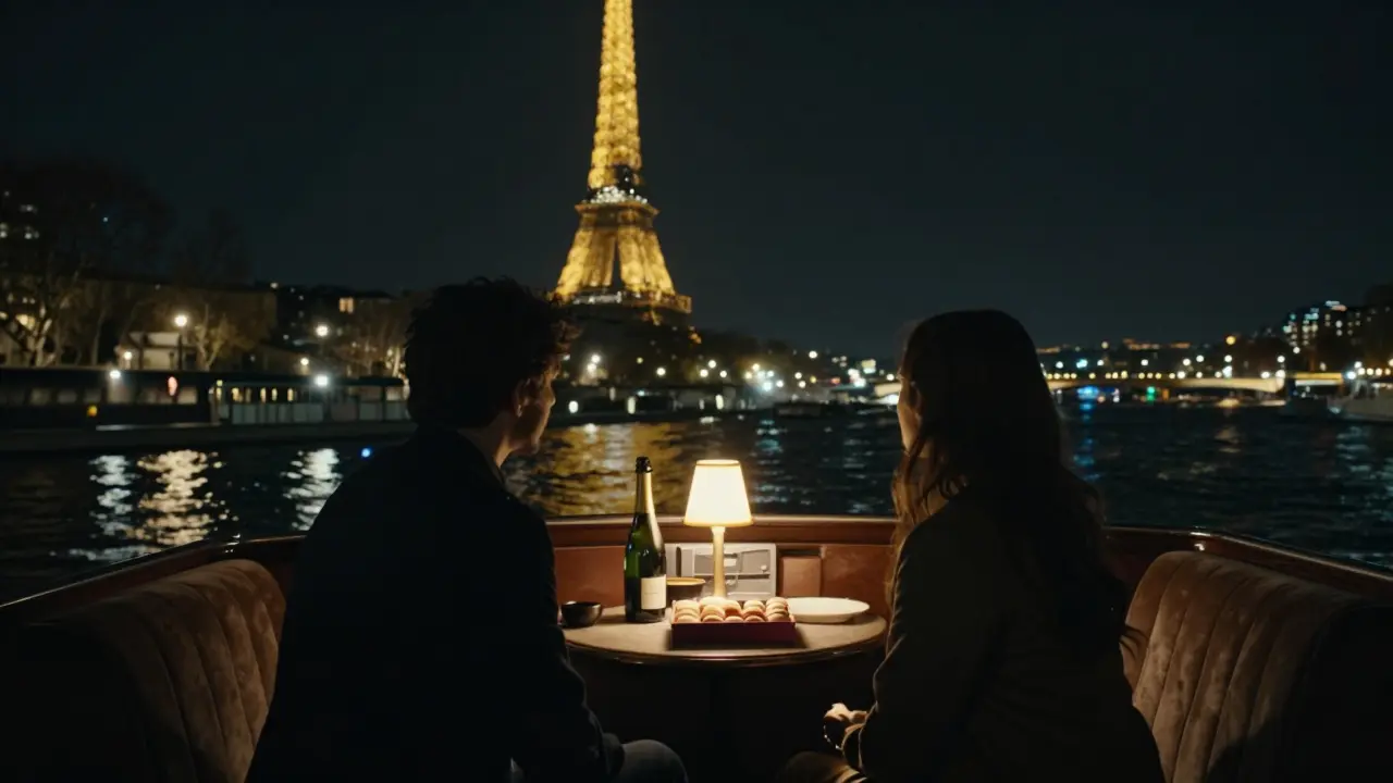 Two people on a private Seine boat at night, illuminated by city lights and warm interior glow.