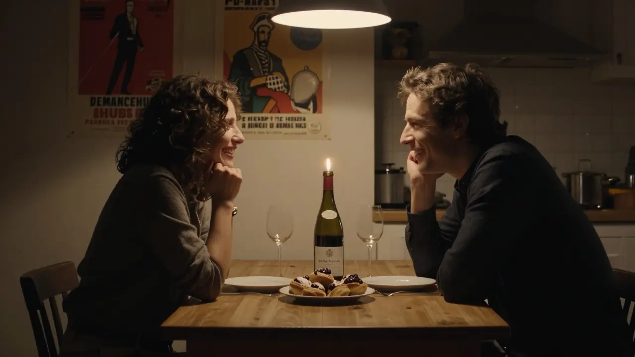 Two people share a quiet moment in a Parisian kitchen at midnight, wine and pastries on a wooden table.