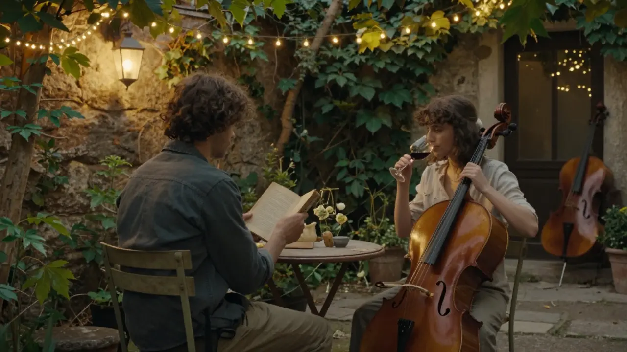 Two people sit in a hidden garden courtyard under fairy lights, one reading poetry, the other sipping wine in peaceful silence.