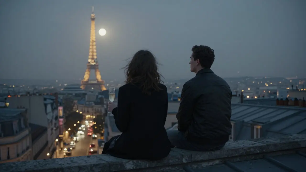 Two strangers sit silently on a Montmartre rooftop at dawn, city lights glowing below, sharing quiet companionship.