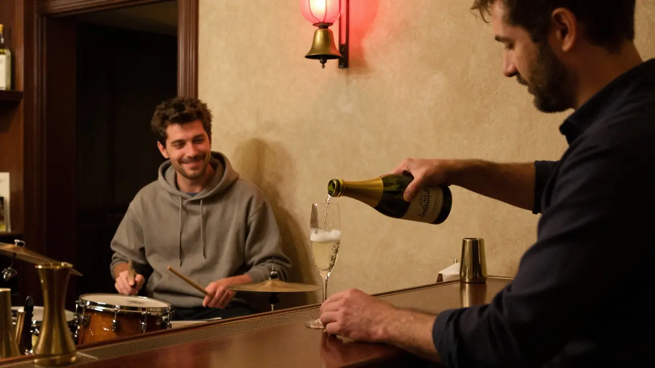 A bartender pouring champagne while a drummer listens to live music, no phones in sight.