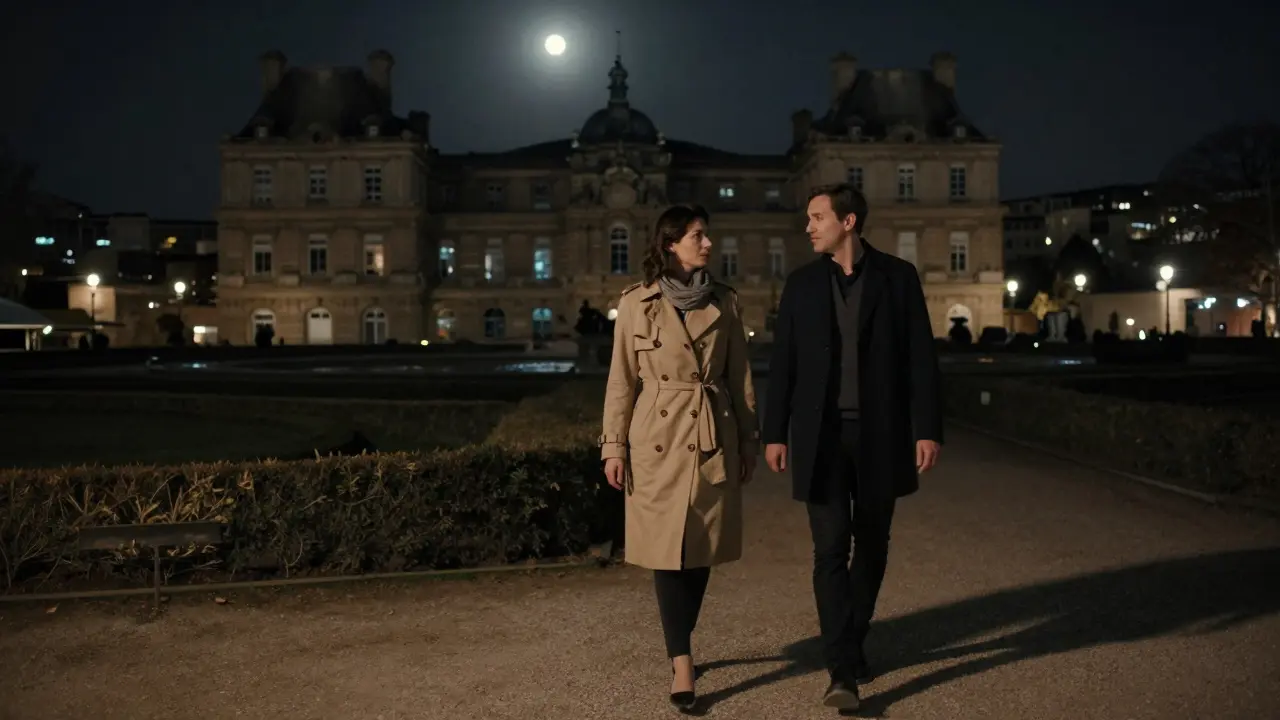 A couple walks peacefully through Luxembourg Gardens at night, no phones or cameras, just calm companionship.
