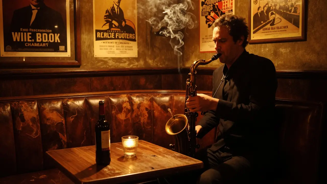 A dimly lit jazz club with a saxophonist playing and a glass of wine on a wooden table.