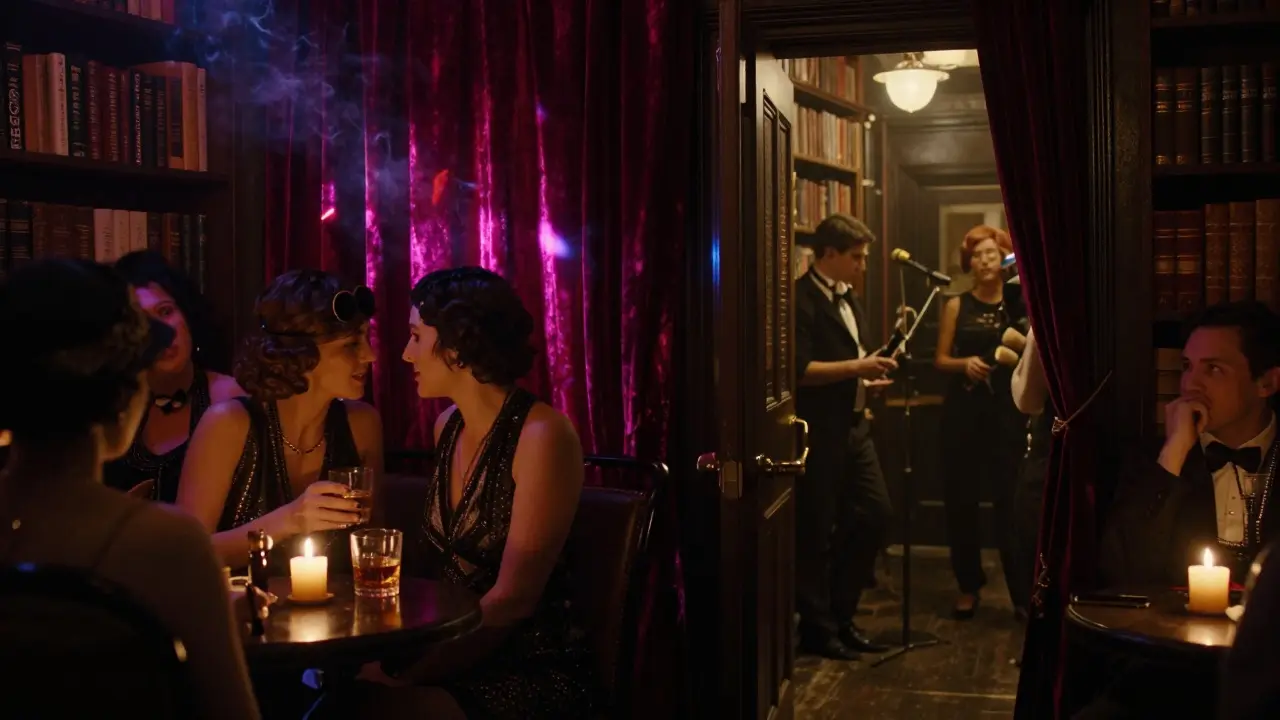A hidden speakeasy club with candlelight, velvet curtains, and a couple whispering over drinks as faint strobes glow in the background.
