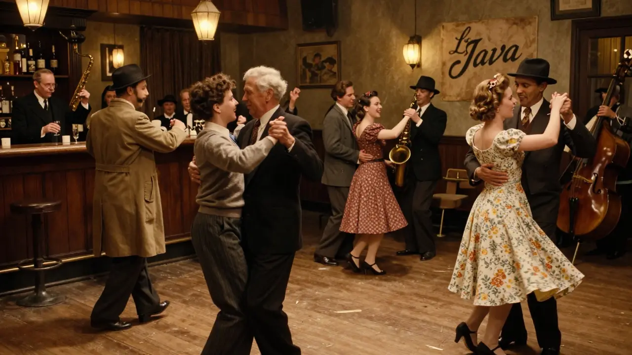 A lively 1900s dance hall with people swinging, laughing, and listening to live music.
