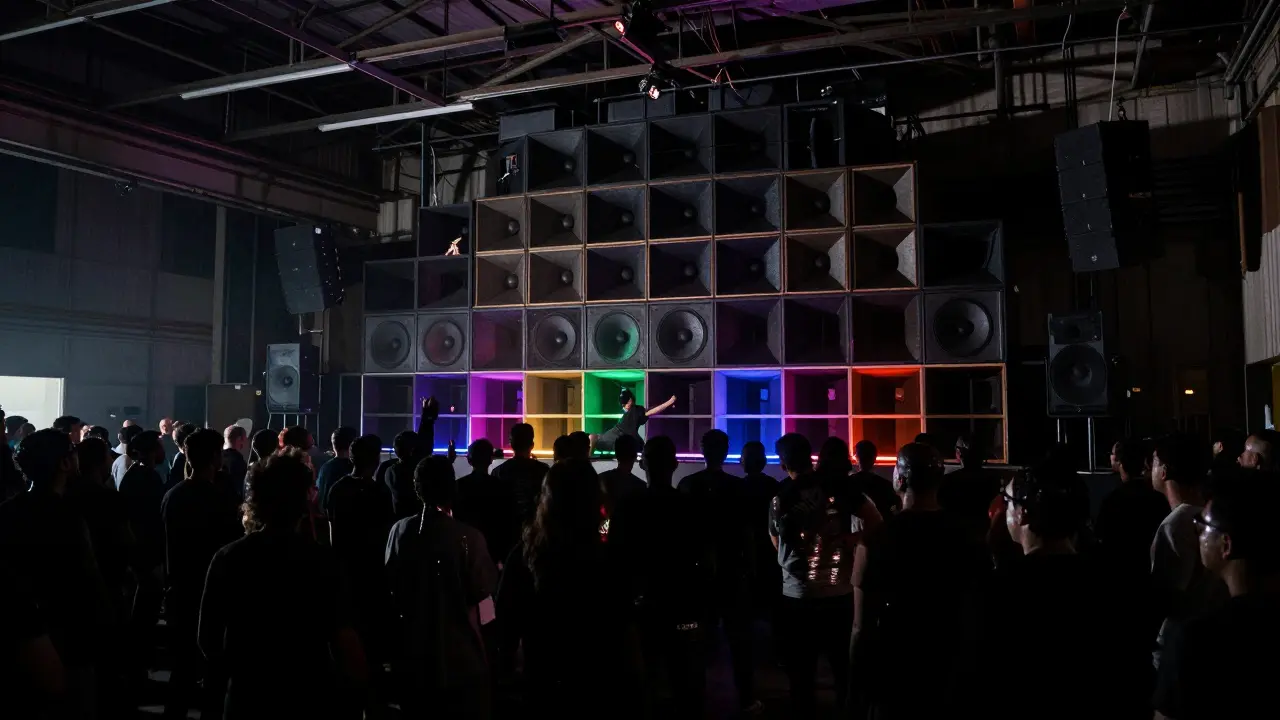 A massive industrial club with a powerful sound system and silhouetted dancers moving under rhythmic colored lights.