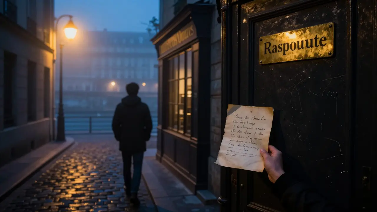 A mysterious door at midnight in a foggy Paris alley, with a slip of paper holding a riddle in hand.