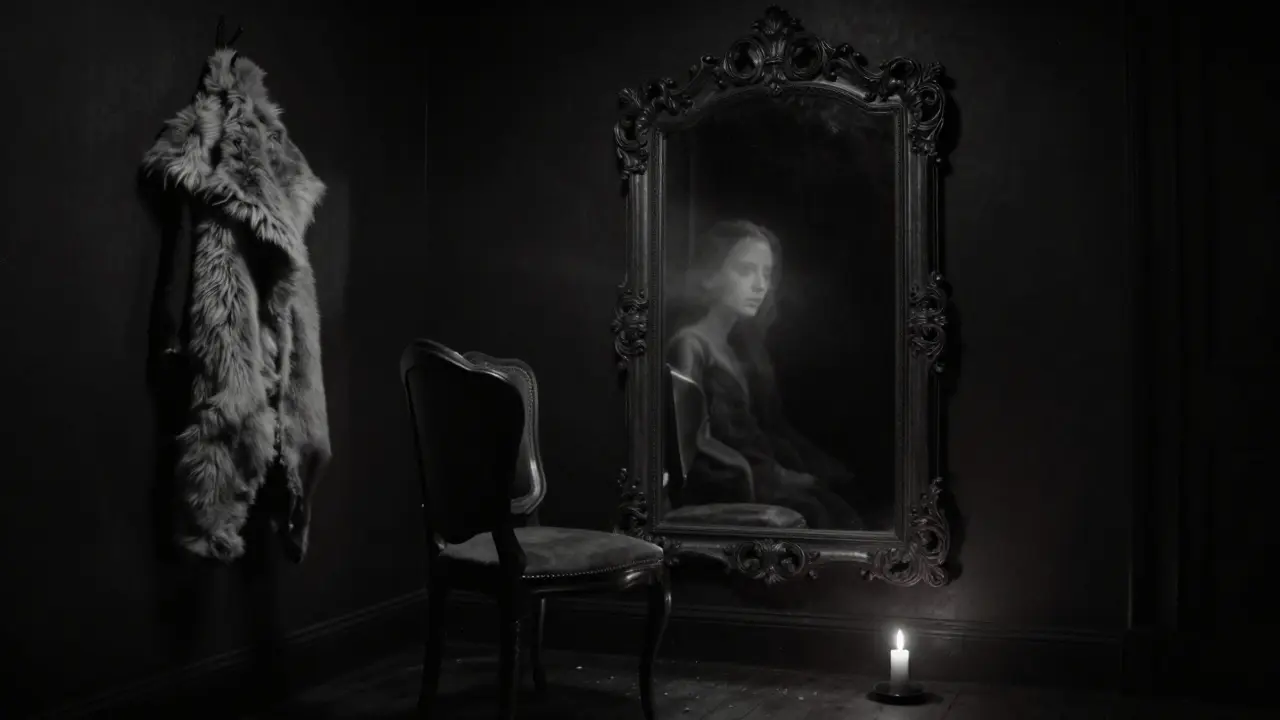 A person sitting alone in a dark room facing a mirror that reflects a ghostly face not their own.