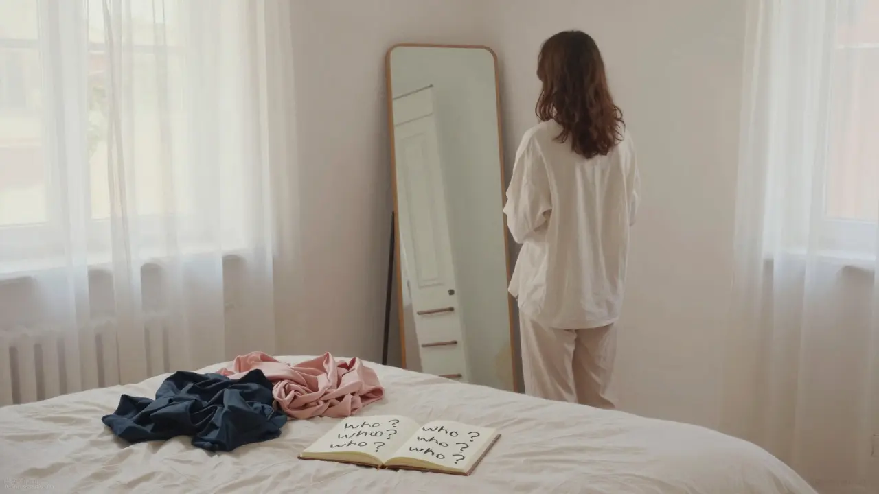 A person stands before a mirror in a quiet apartment, sunlight filtering through curtains, an open notebook on the bed.