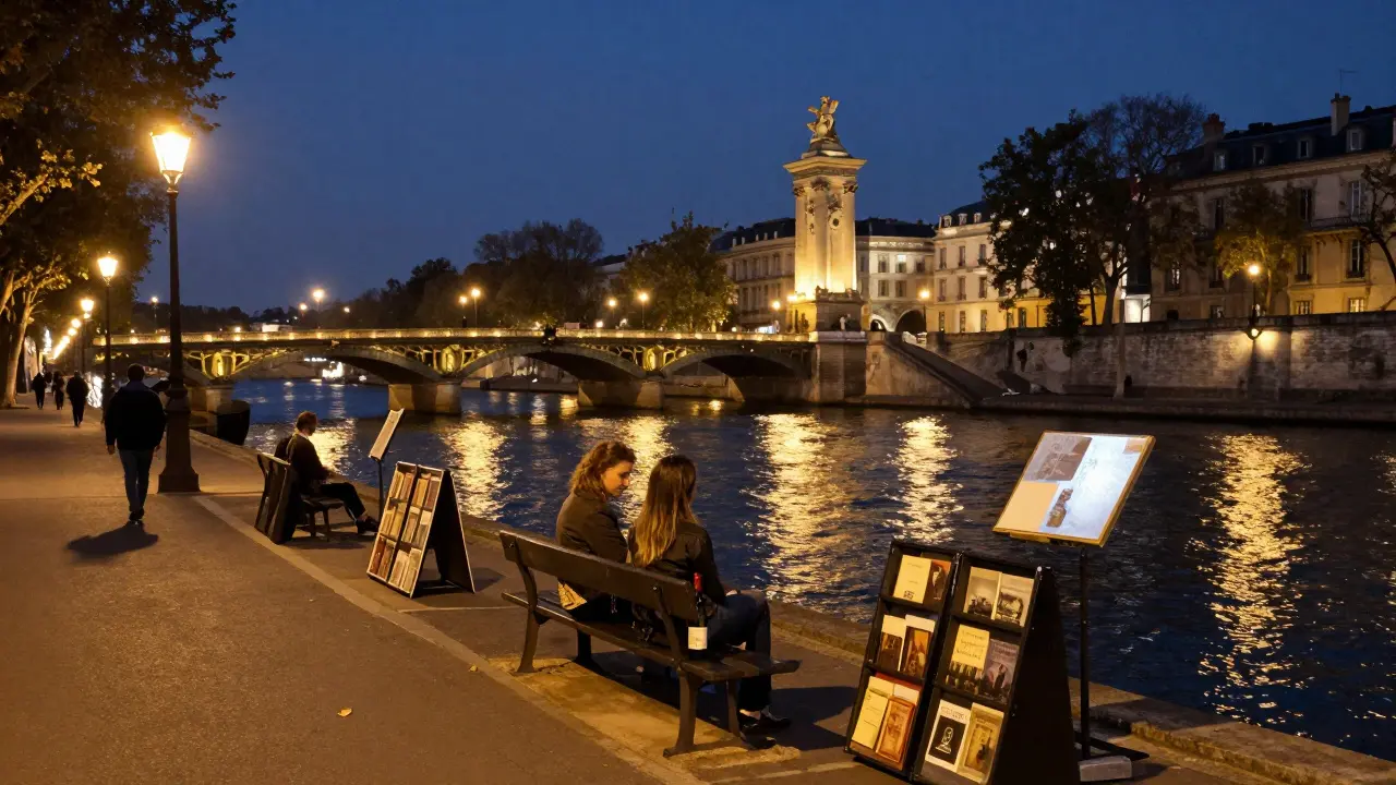 A quiet Seine riverside walk at midnight with golden bridge lights reflecting on the water.