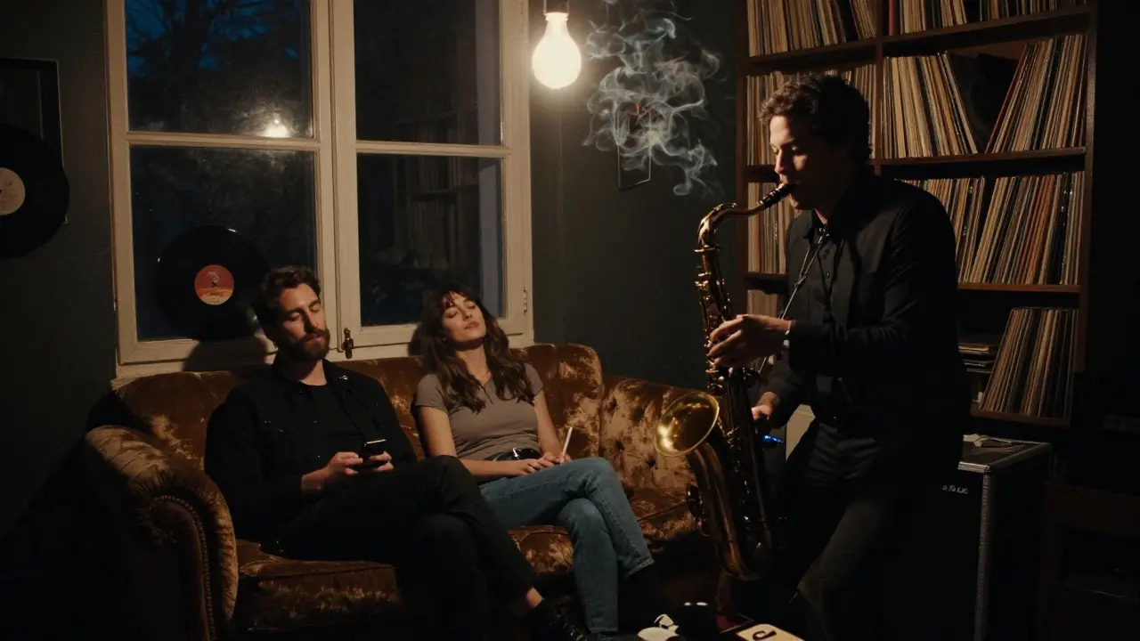 A saxophonist plays alone in a cozy garage jazz session, a man and woman listening intently in the shadows.