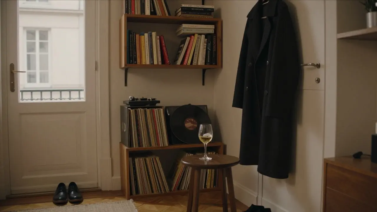 A serene, personal apartment interior with books, records, and warm light — a space of dignity and stillness.