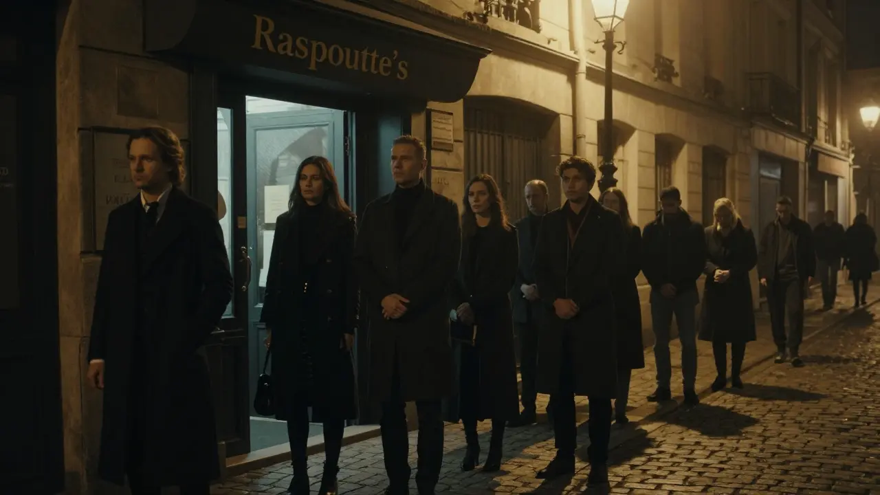 A silent line of elegantly dressed people waiting outside an unmarked nightclub at midnight in Paris.