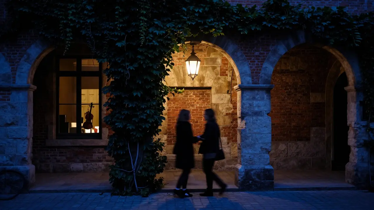 A silhouette of a companion guiding a client through a hidden courtyard in Le Marais, lit by a single lantern.