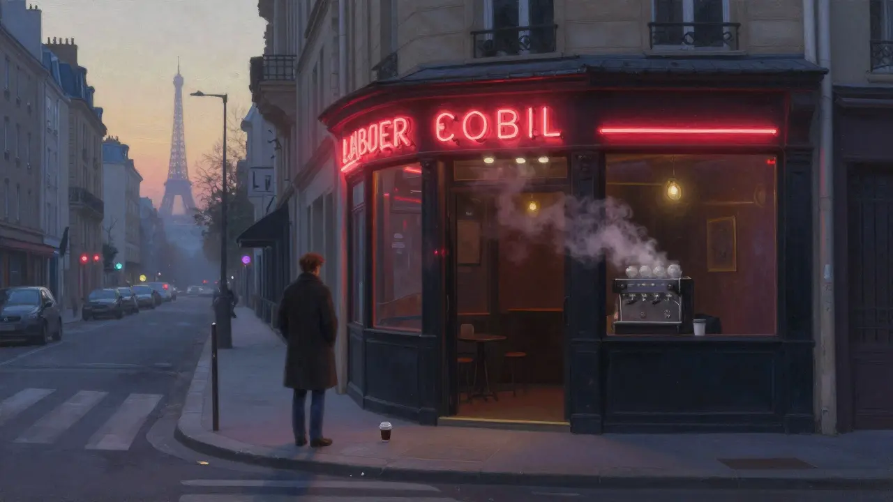 A solitary figure stands outside a closed nightclub at dawn, steam rising from a nearby café.