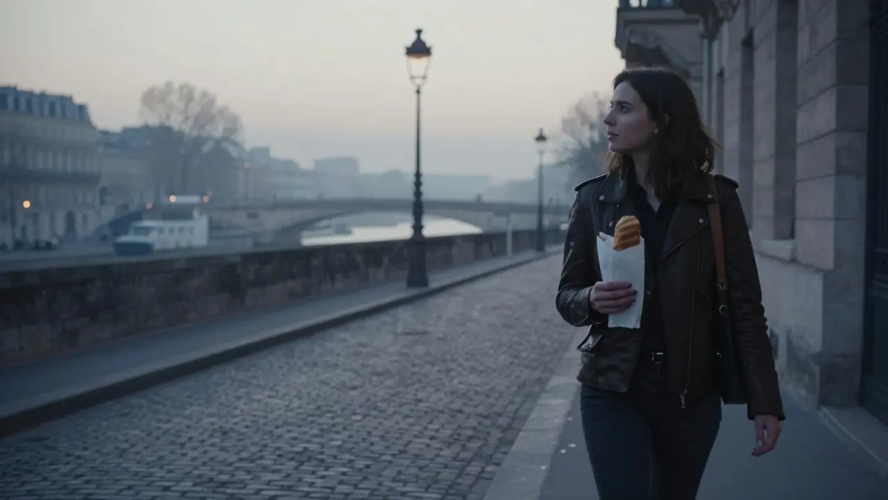 A woman walks alone at dawn in Paris 12, holding a pastry as mist rises over the Seine.