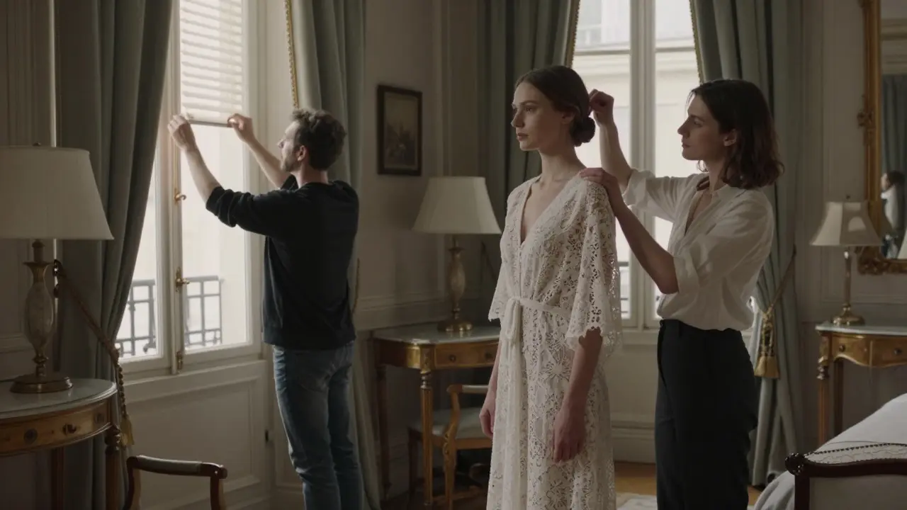 An artist team prepares a photo shoot with natural light and vintage fabrics in a historic Paris suite.
