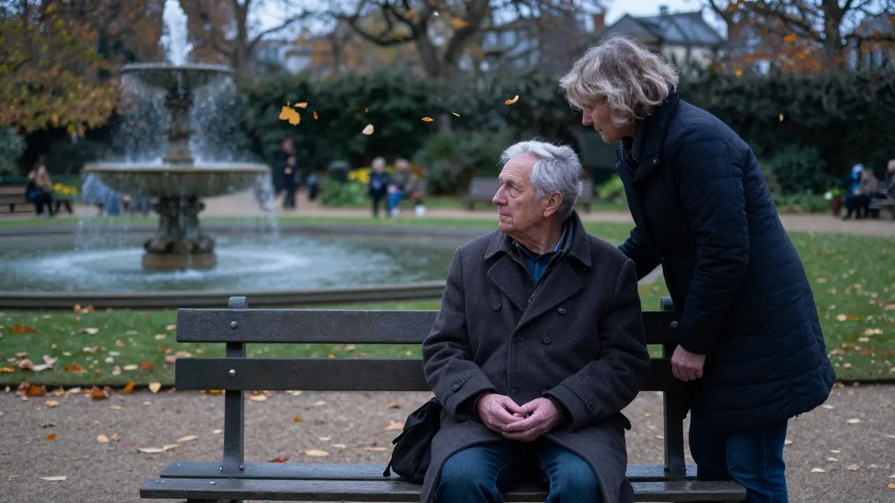 An elderly man sits on a garden bench in Luxembourg, a companion standing gently beside him as autumn leaves fall.