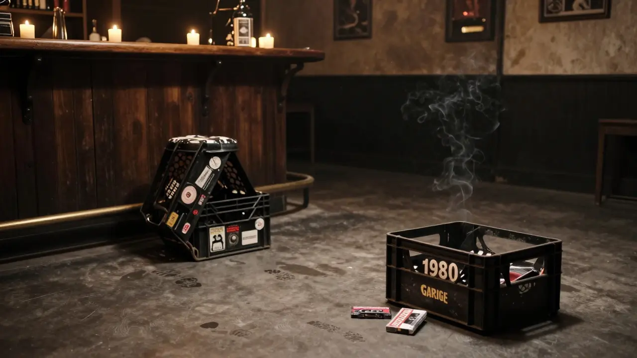 An empty, candlelit garage space with vintage music tapes on the floor, waiting for the next surprise performance.