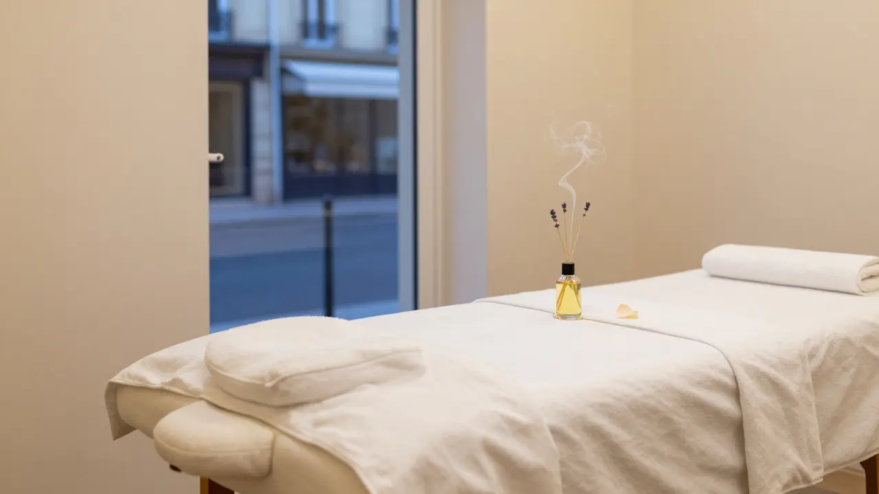 An empty, elegantly prepared massage room with clean linens, oil bottle, and a single rose petal, conveying discretion and calm.