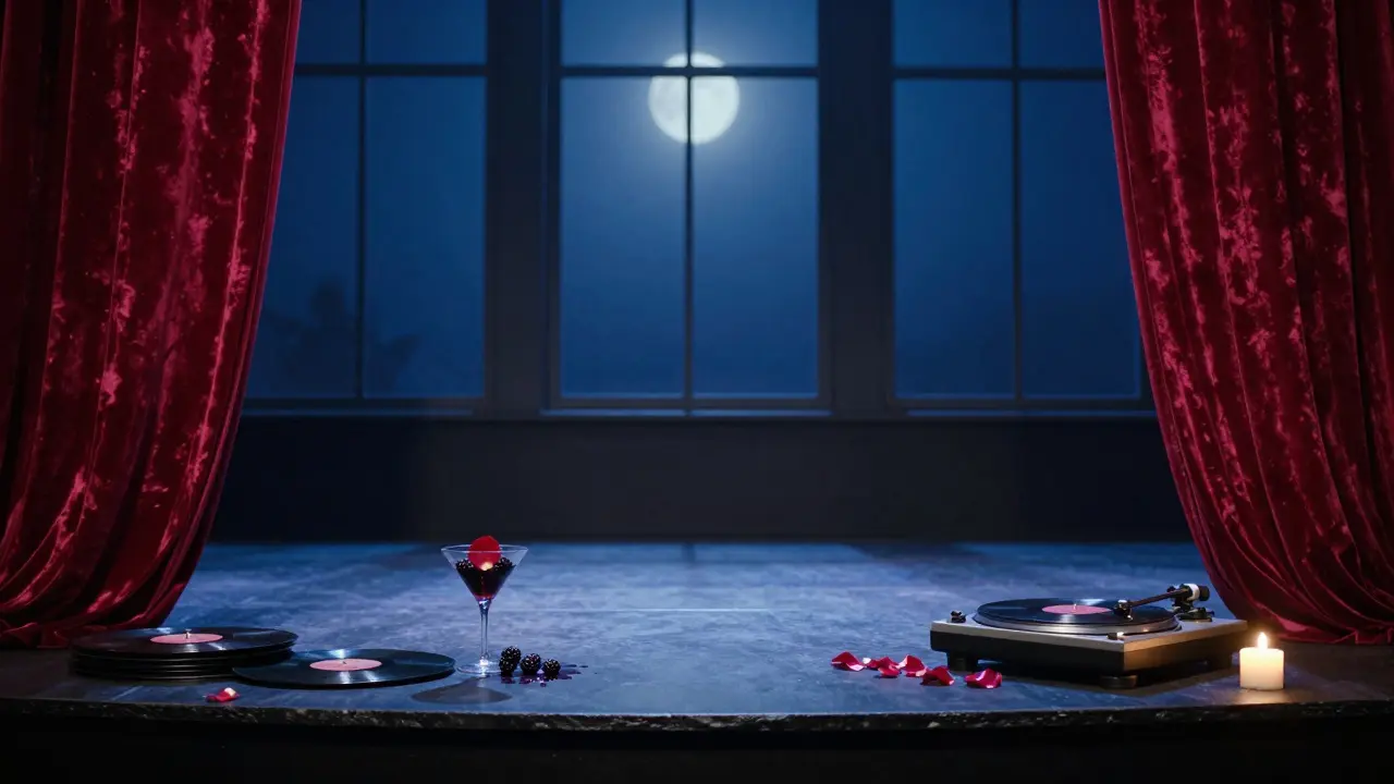 An empty stage with a floating rose petal on a spilled martini, a flickering candle, and stacked vinyl records.