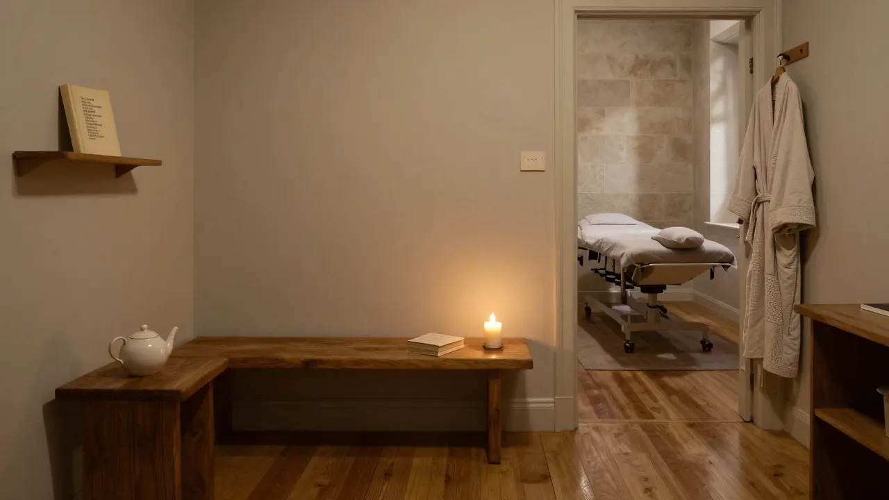 An empty waiting room with a poetry book, ceramic teapot, and wooden bench, lit by a single candle in a discreet Parisian studio.