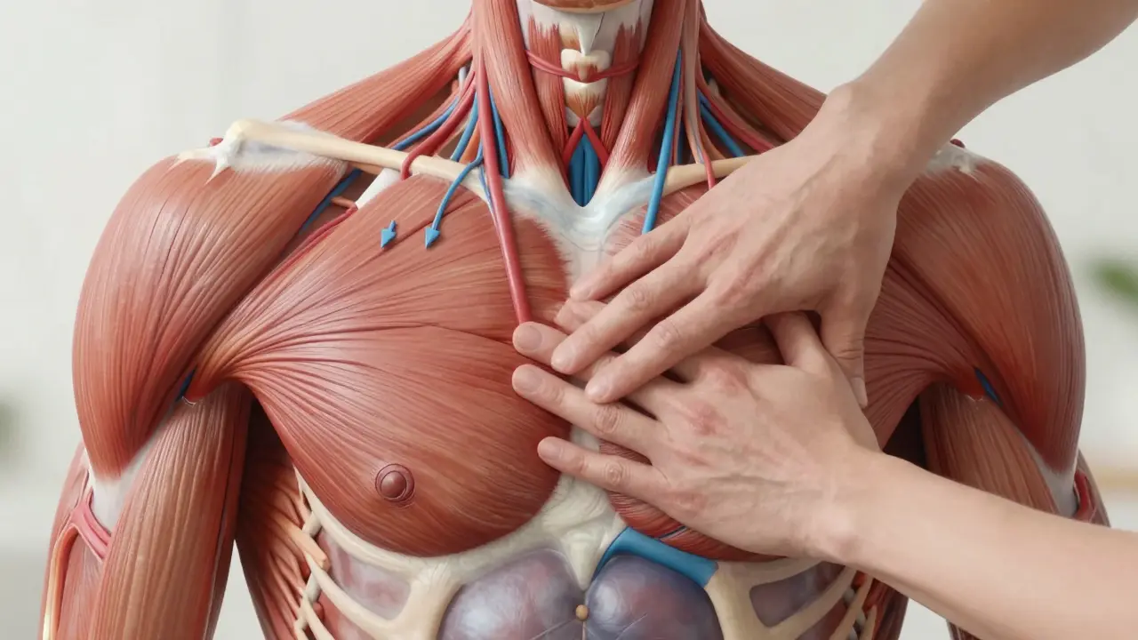 Anatomical view showing massage pressure improving muscle and fascia circulation, with warm tones highlighting blood flow.