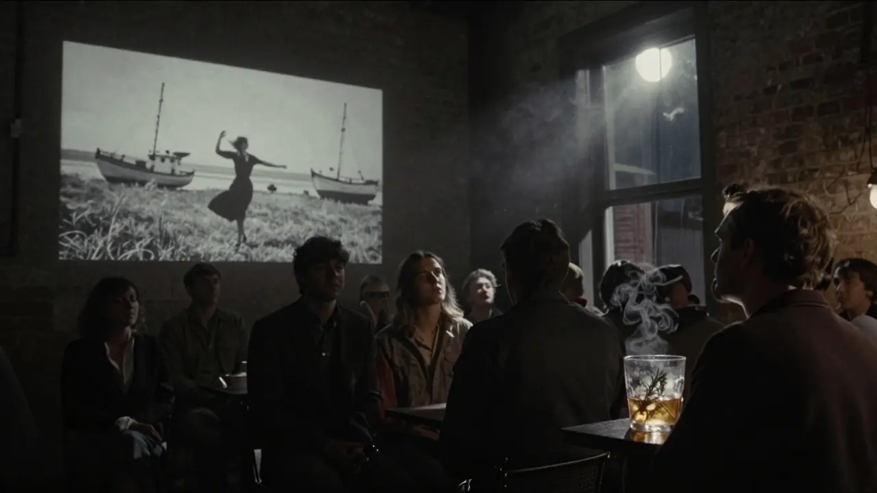 At 3 a.m., a grainy film plays on a wall as a silent crowd stands still in a dimly lit club, bathed in moonlight.