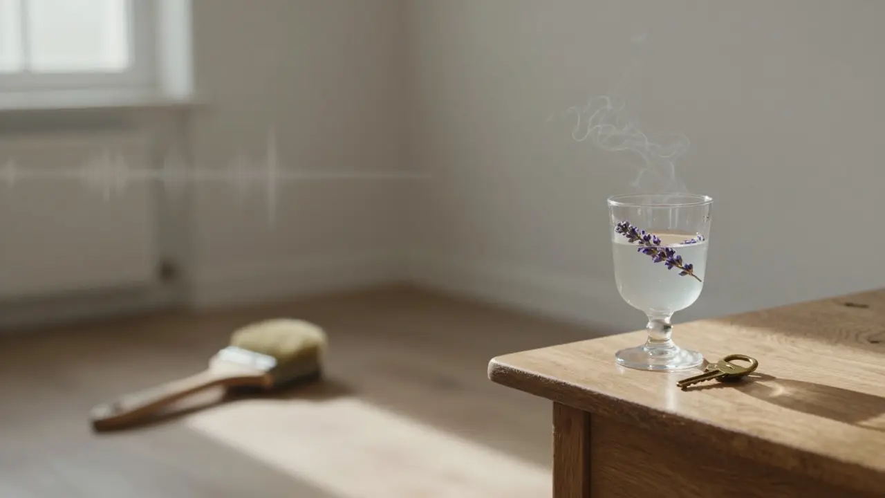 At dawn, an empty club room holds a single brass keychain and an absinthe glass, with faint light patterns still glowing on the walls.