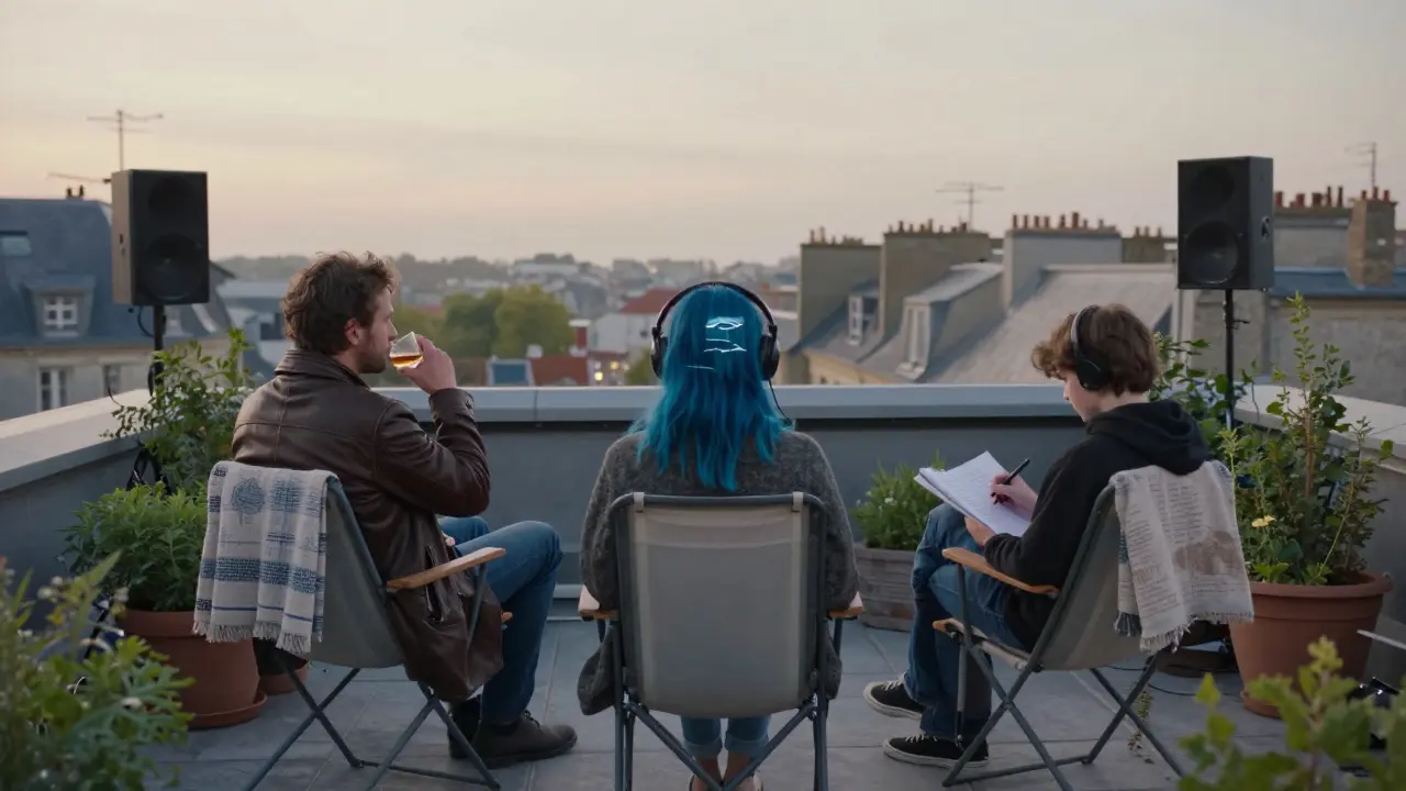 At dawn, three strangers sit quietly on a rooftop garden, listening to ambient music as morning light spreads over the city.