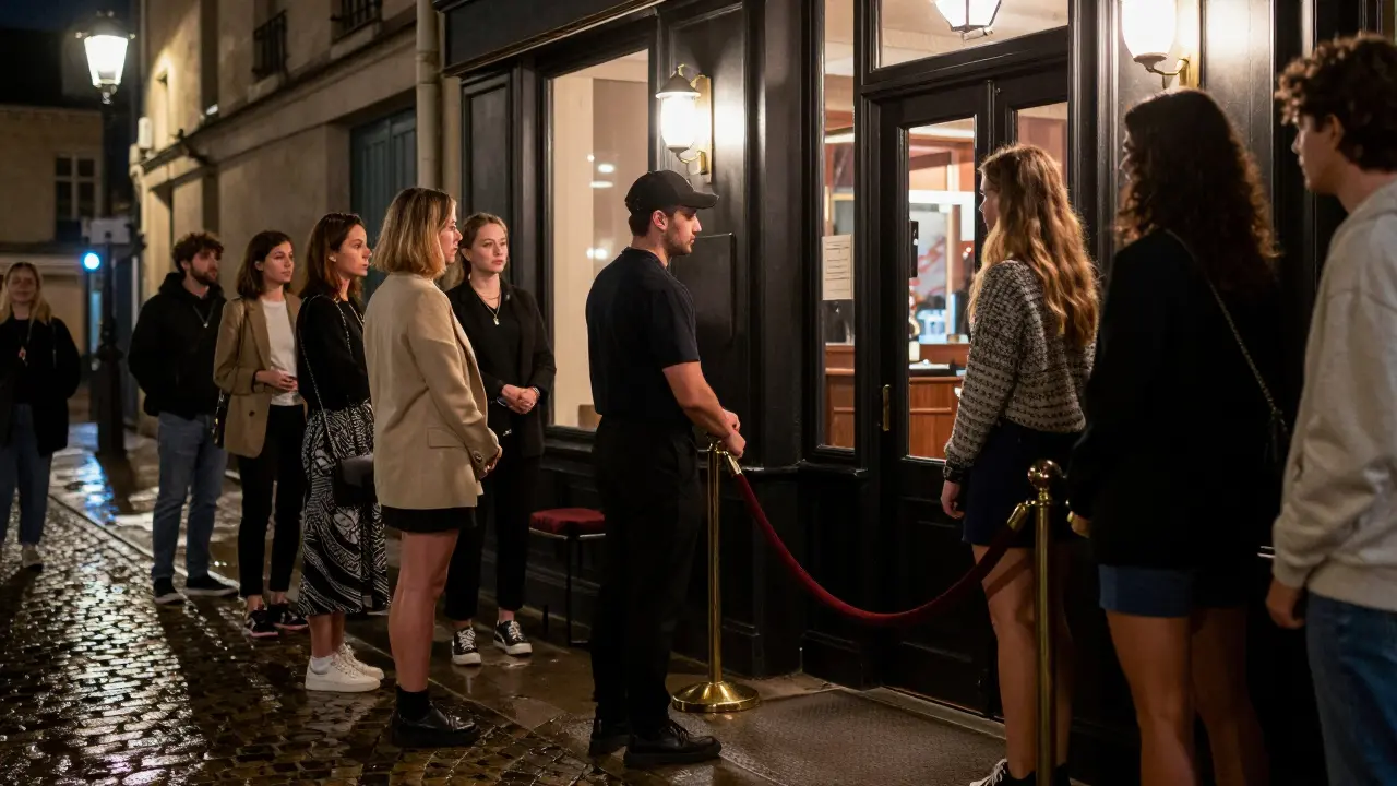 Bouncer checking guests outside a Paris nightclub entrance.