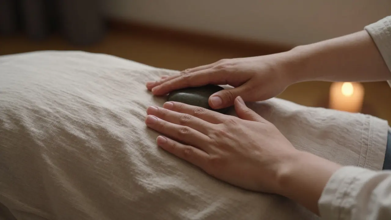 Close-up of therapist's hands gently working over fabric on a client's shoulder, with a warm stone and candlelight in soft focus.