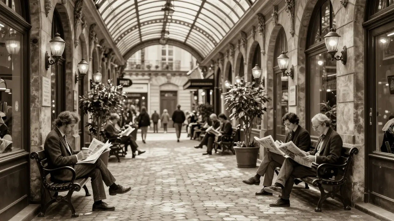 Cobblestoned arcade with glass-roofed passage where people enjoy cafés
