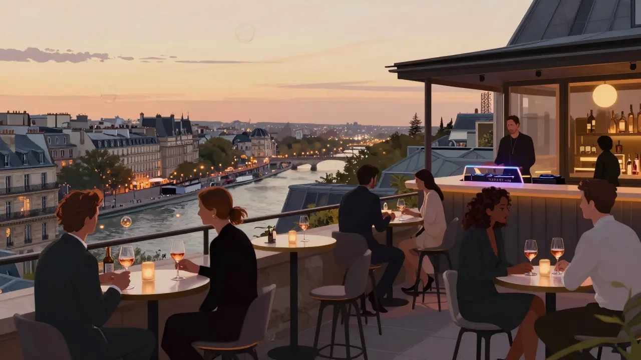 Couples sipping drinks on a Paris rooftop bar as the city glows at dusk.