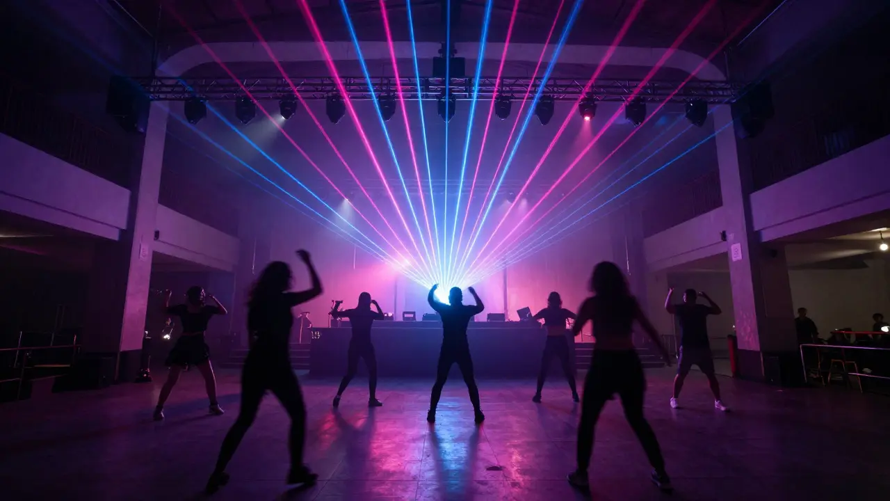 Dancers on floor under colored laser beams