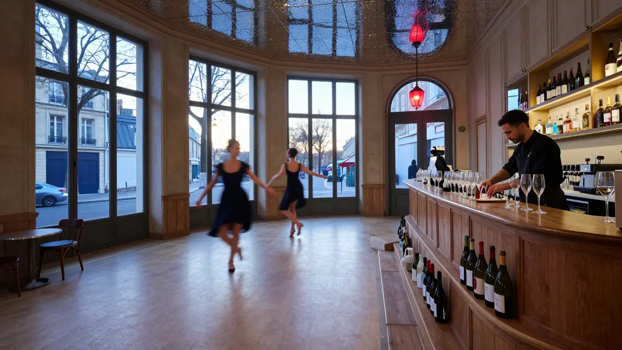Dawn light filtering into an empty dance floor as the last patrons leave, wine bottles on stairs.