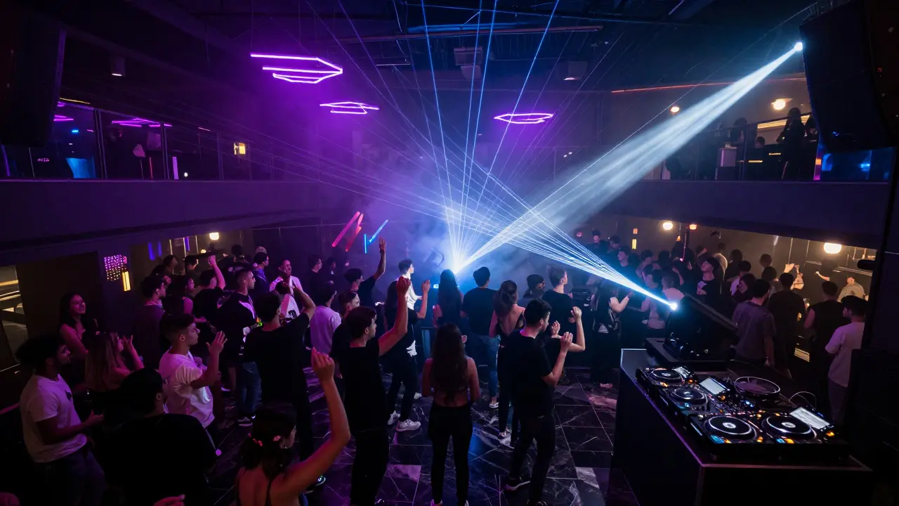 Dense dance floor crowd with colorful lasers and DJ booth in main room