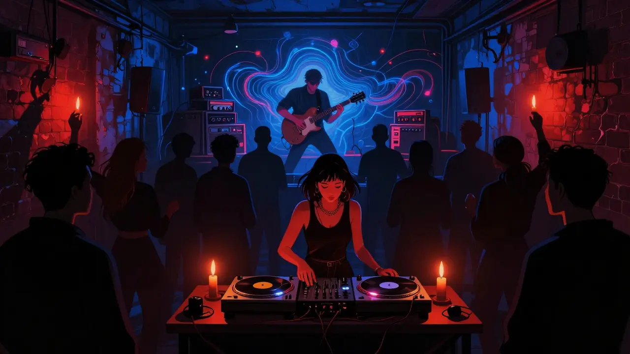 DJ playing in a dark, packed room with strobe lights as a noise collective experiments with broken instruments and tape machines.