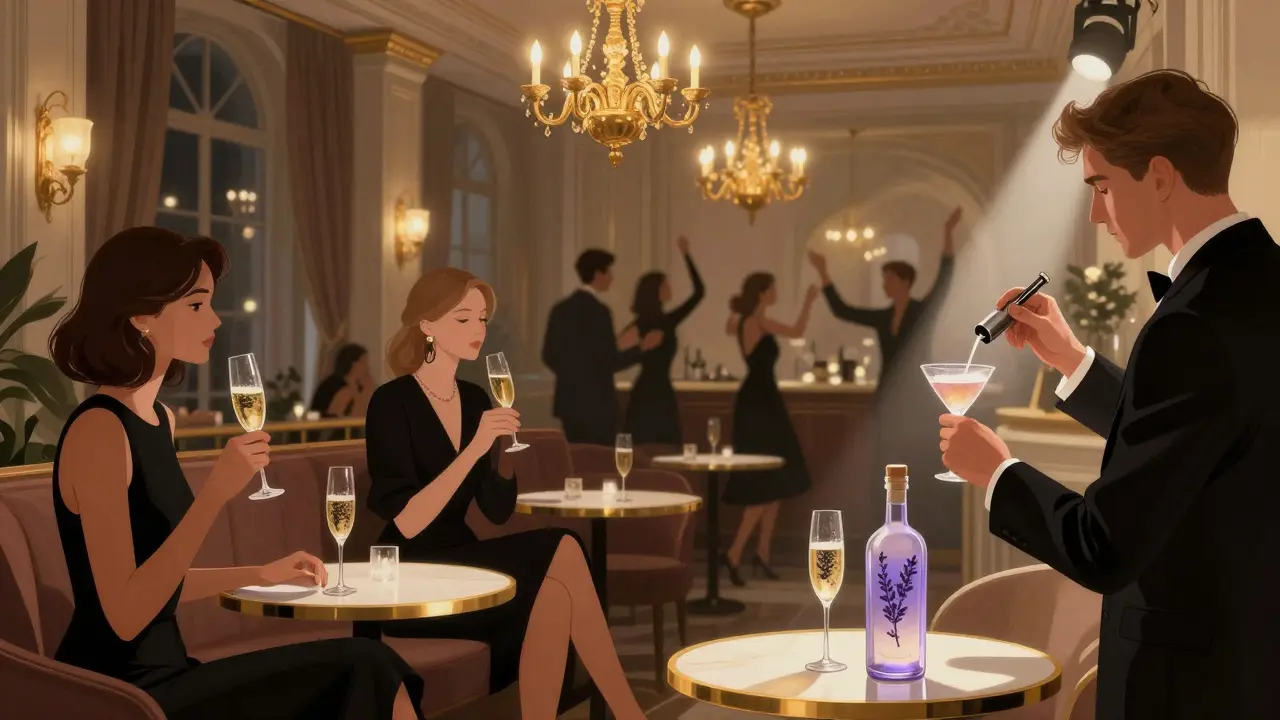 Elegant people sipping champagne in a golden-lit lounge with blurred dancers in the background.